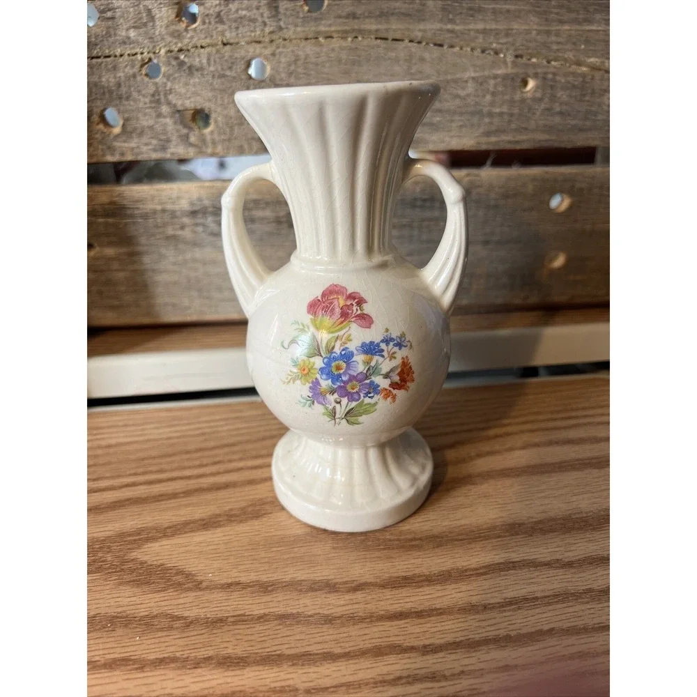 Vintage Royal Copley Porcelain Vase with Vibrant Floral Design and Handles MCM